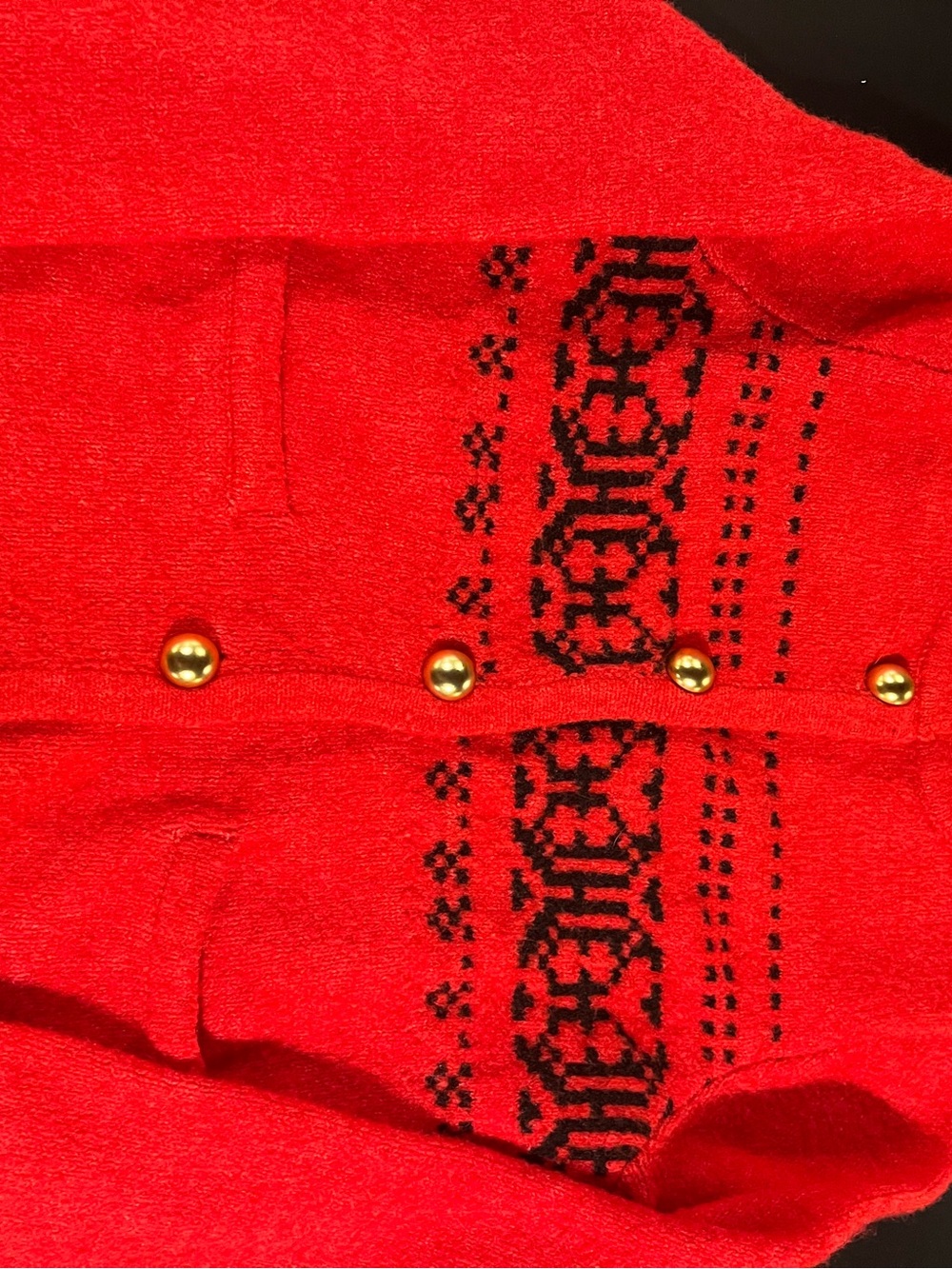 Red Women's Button-Front Cardigan Sweater with Black Fair Isle Detail